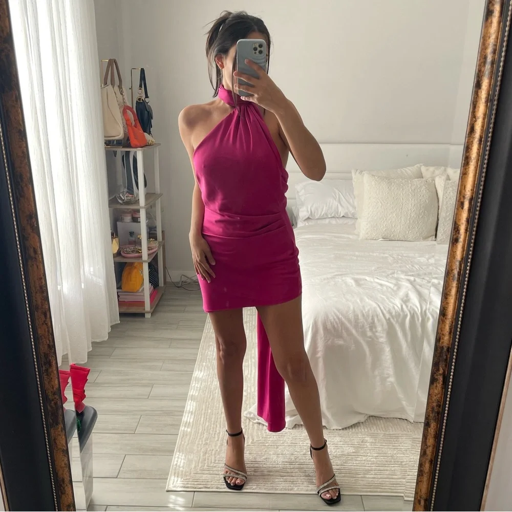 House of CB AIDA Hot Pink Asymmetric Wrap Neck Mini Dress | XS